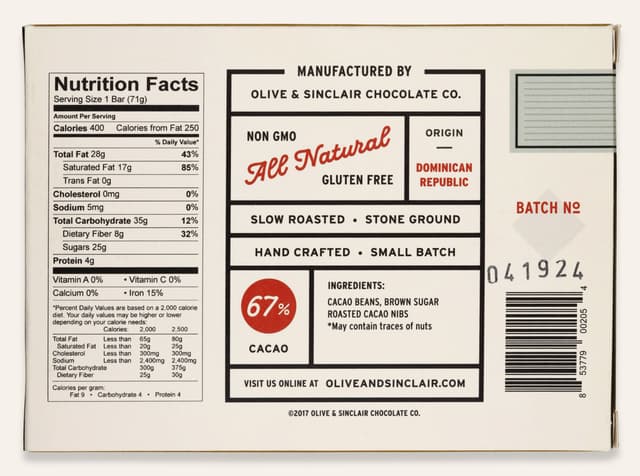 Back of 67% Cacao Nibs bar made by Olive & Sinclair Chocolate Co in the United States package