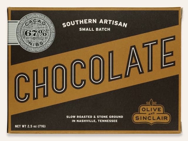 Front of 67% Cacao Nibs bar made by Olive & Sinclair Chocolate Co in the United States package