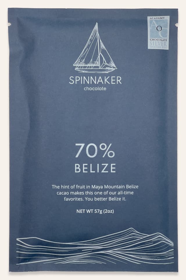 Front of 70% Belize bar made by Spinnaker Chocolate in the United States package