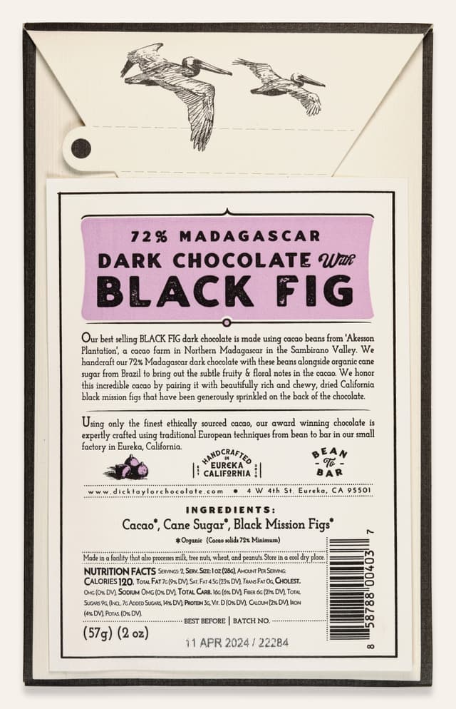 Back of 70% Dark with Black Fig bar made by Dick Taylor in the United States package