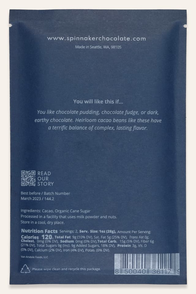 Back of 70% Ecuador bar made by Spinnaker Chocolate in the United States package