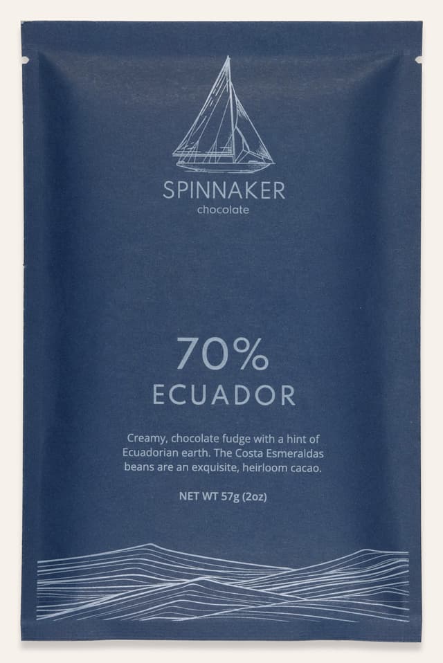 Front of 70% Ecuador bar made by Spinnaker Chocolate in the United States package