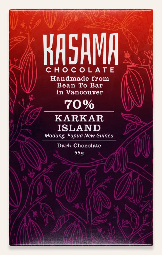 Front of 70% Karkar Island bar made by Kasama Chocolate in Canada package