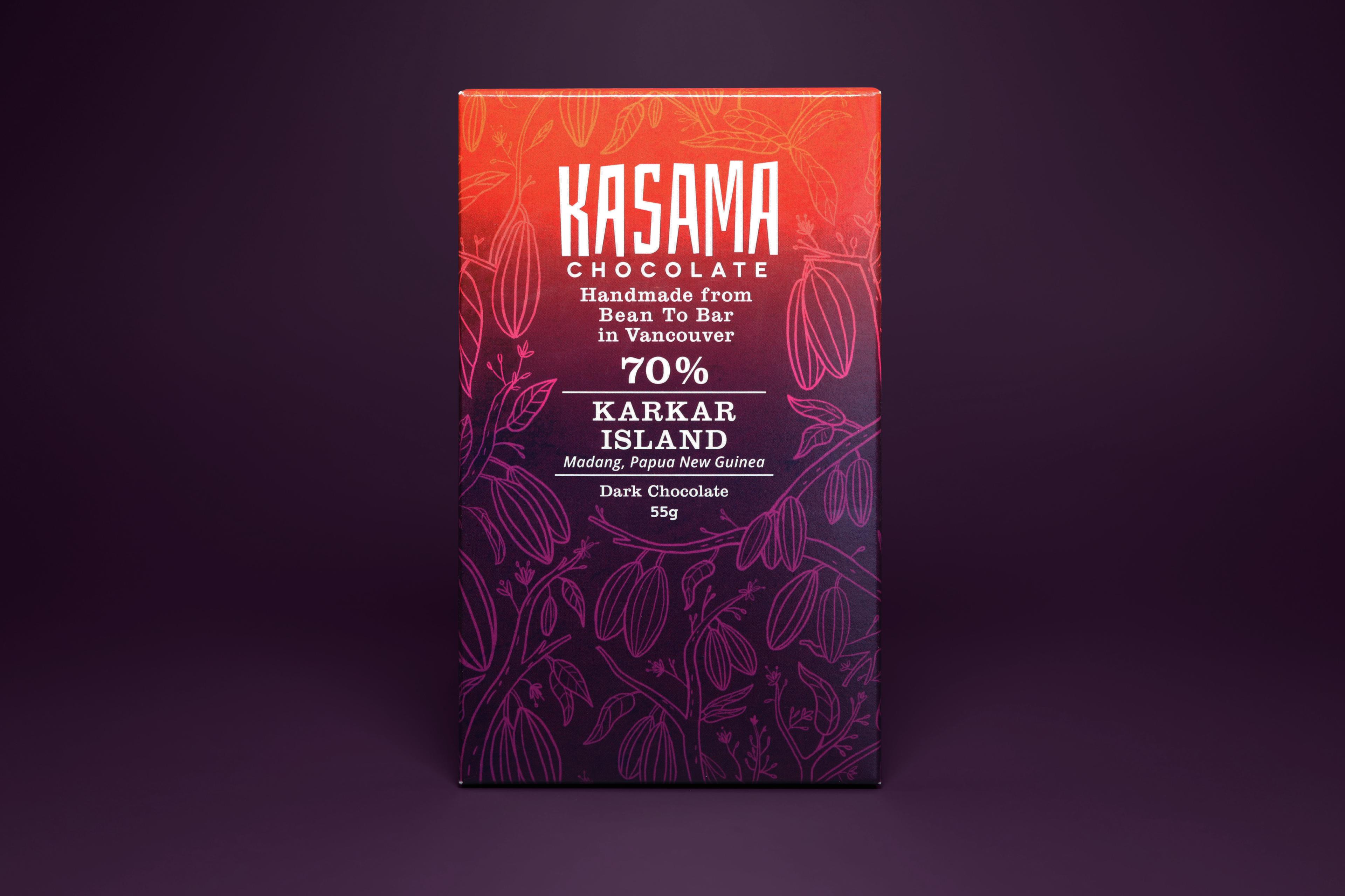 70% Karkar Island bar made by Kasama Chocolate in Canada on a purple gradient background