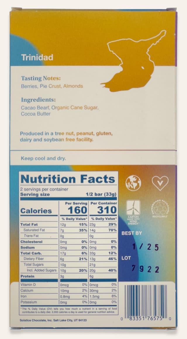 Back of 70% Rio Claro Dark Chocolate bar made by Solstice Chocolate in the United States package