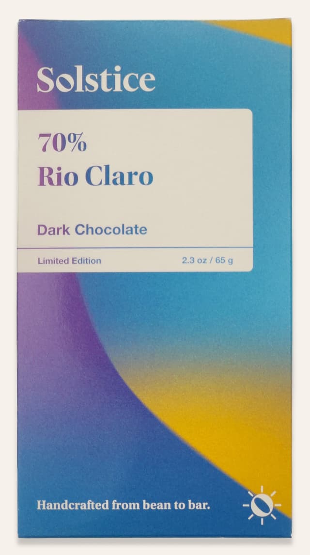 Front of 70% Rio Claro Dark Chocolate bar made by Solstice Chocolate in the United States package