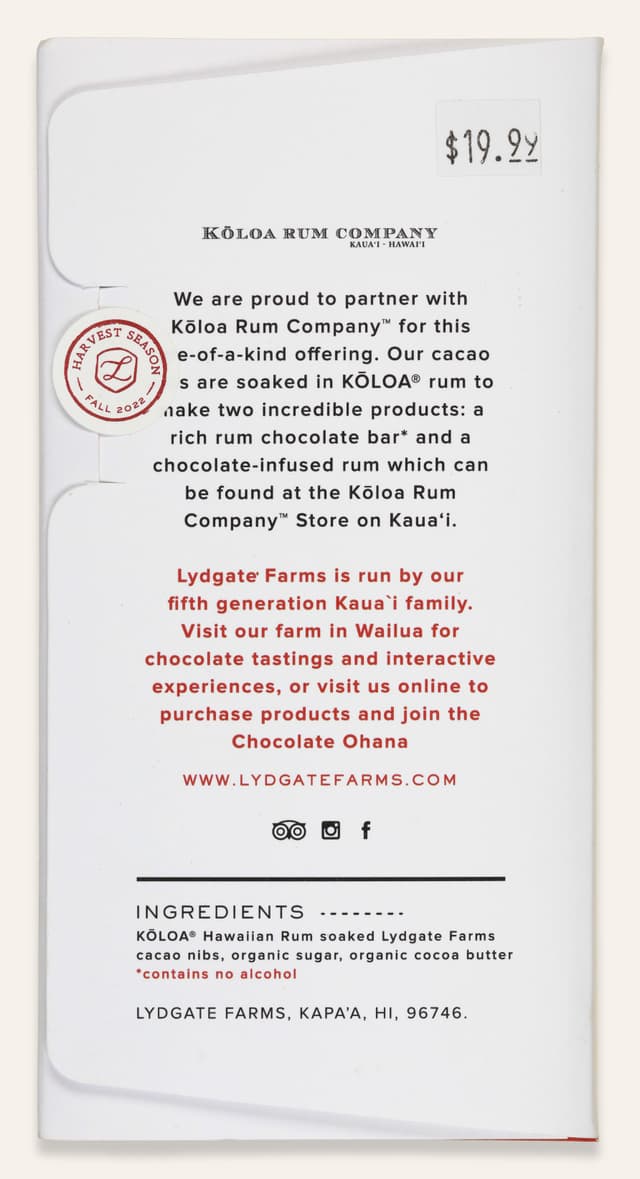 Back of 75% Dark Made with Koloa Hawaiian Rum bar made by Lydgate Farms in the United States package