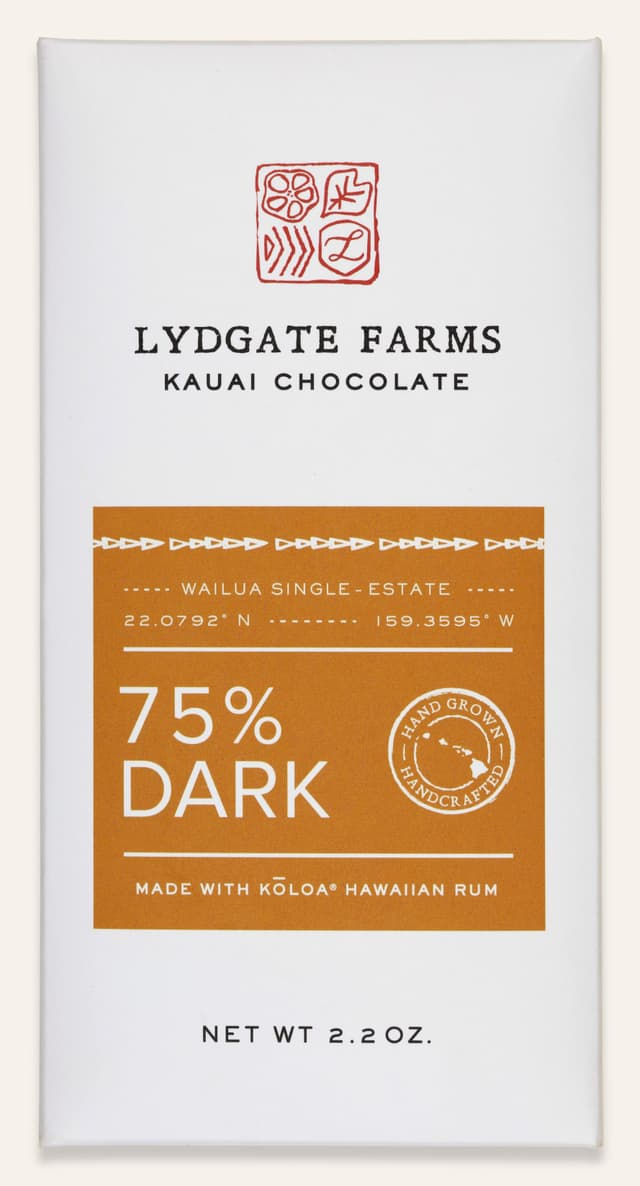 Front of 75% Dark Made with Koloa Hawaiian Rum bar made by Lydgate Farms in the United States package