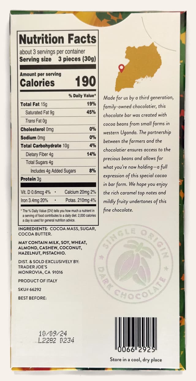Back of 85% Dark Chocolate Bar from Uganda for Trader Joes bar from ICAM Chocolate package