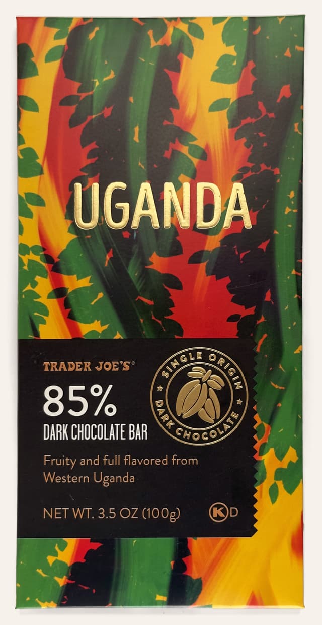 Front of 85% Dark Chocolate Bar from Uganda for Trader Joes bar from ICAM Chocolate package