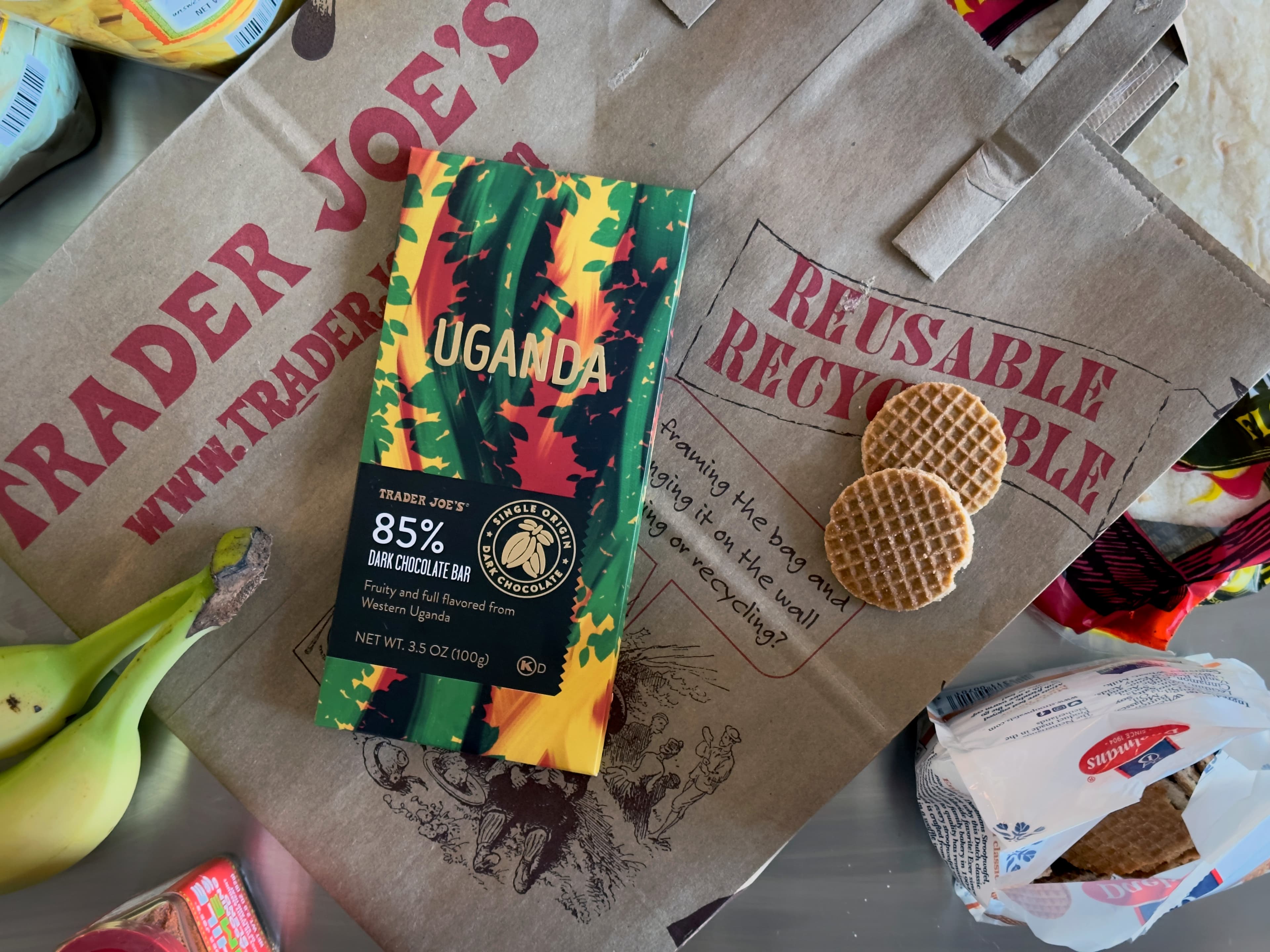 85% Dark Chocolate Bar from Uganda for Trader Joes bar from ICAM Chocolate surrounded by Trader Joes purchases