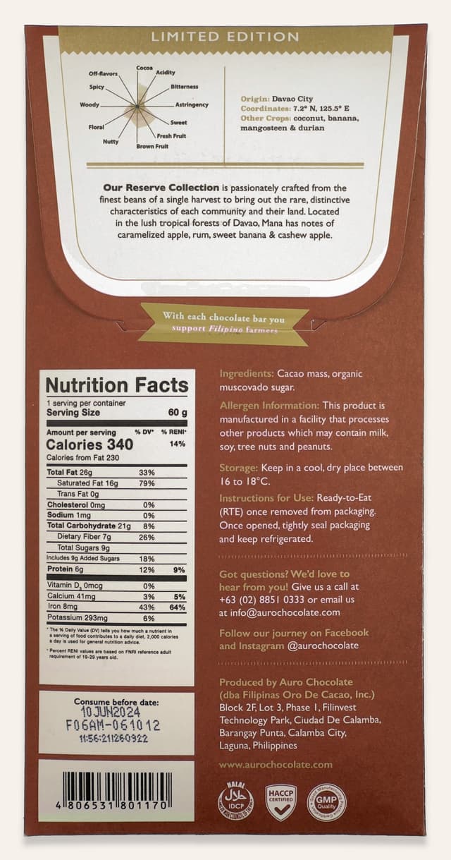 Back of 85% Dark Chocolate Mana Single-Estate bar made by Auro Chocolate in the Philippines package