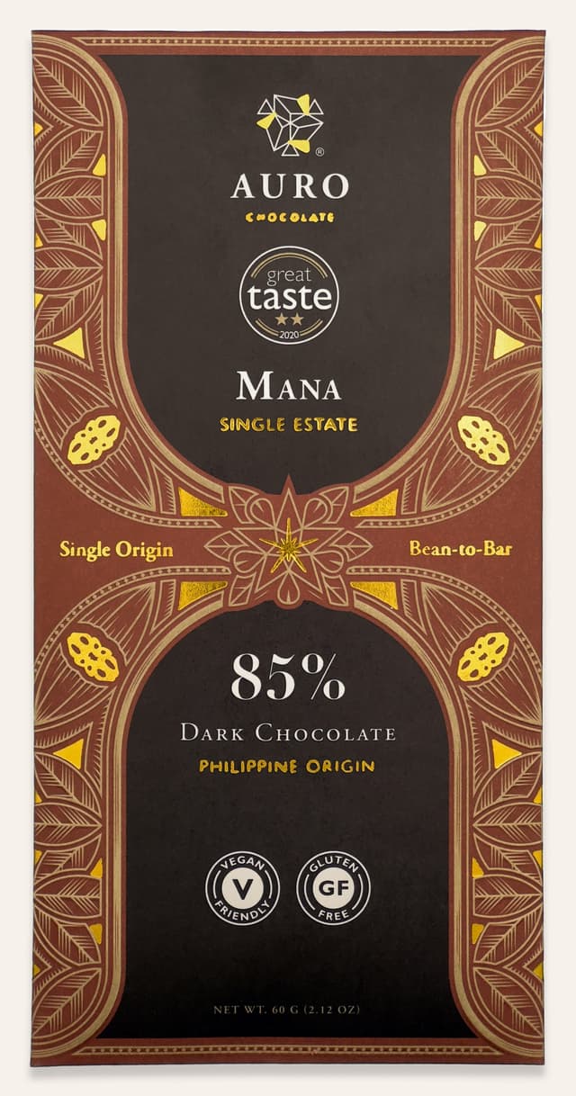 Front of 85% Dark Chocolate Mana Single-Estate bar made by Auro Chocolate in the Philippines package