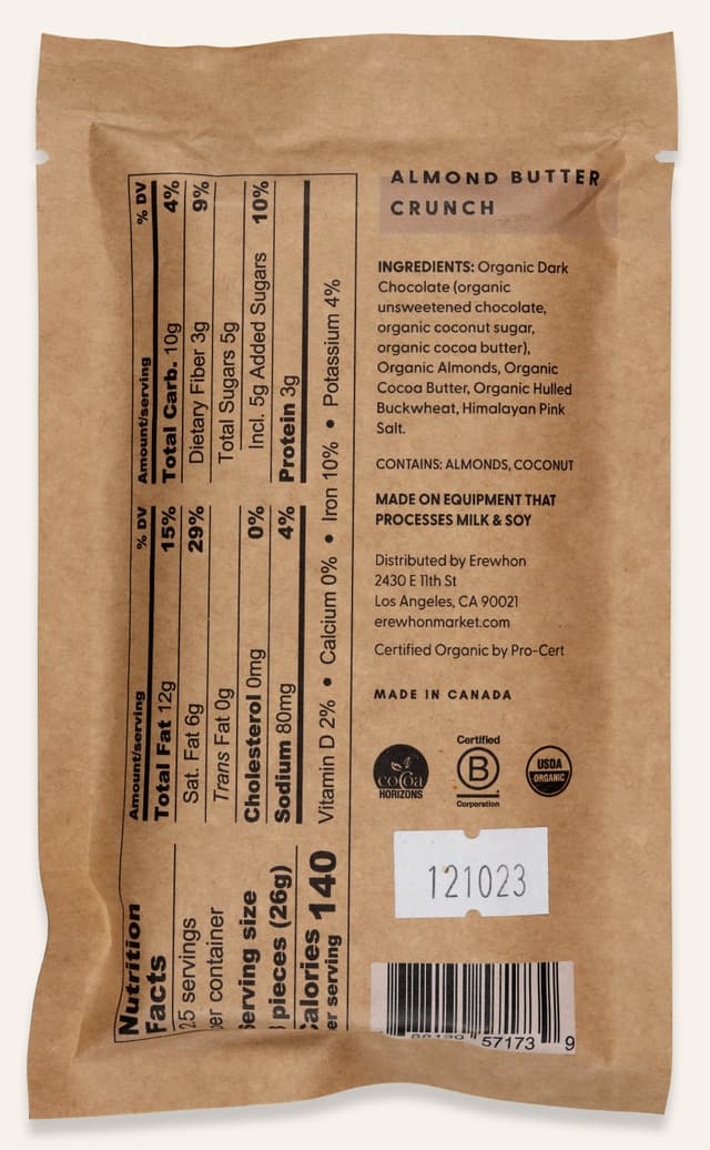 Back of Almond Butter Crunch bar made by Unknown for Erewhon in Canada package