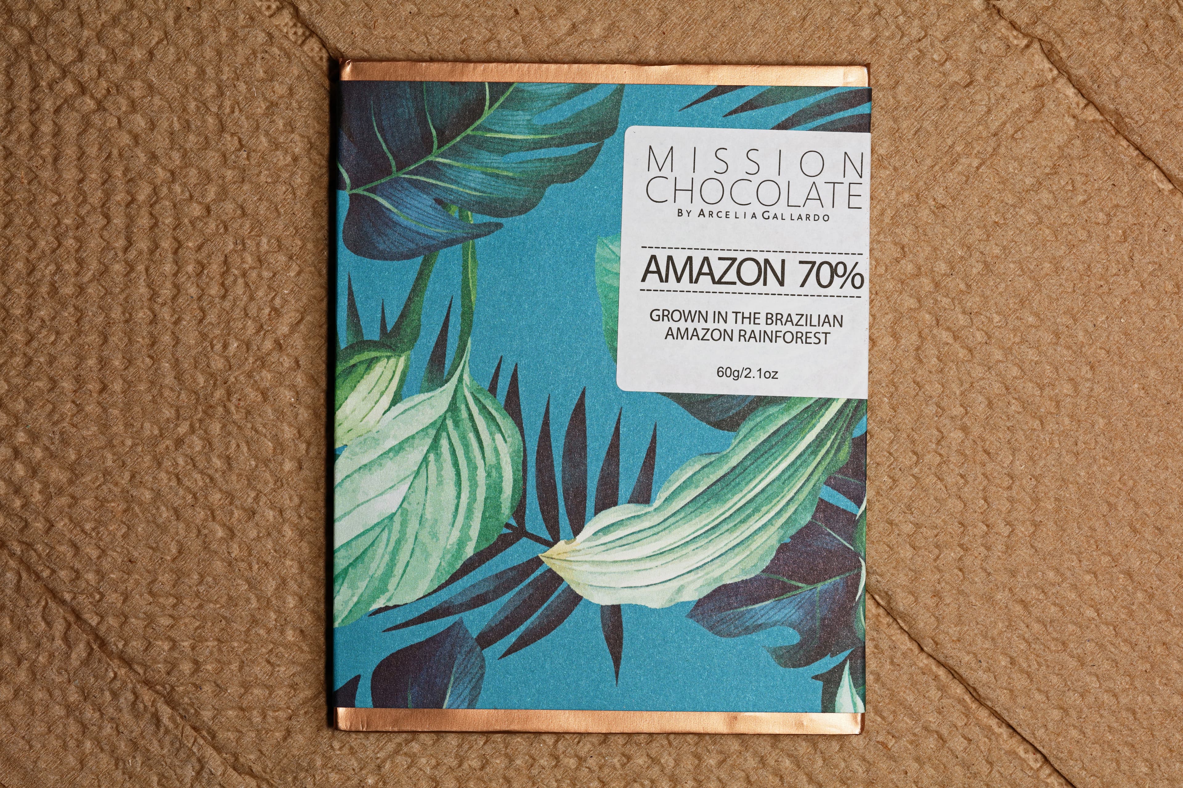 Amazon 70% bar made by Mission Chocolate in Brazil on a brown textured background