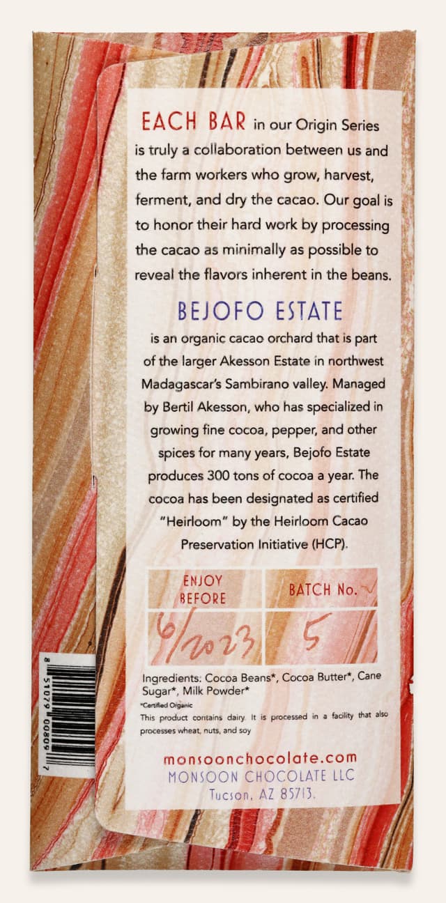 Back of Bejofo Estate MADAGASCAR 64% Dark Milk Chocolate bar made by Monsoon Chocolate in the United States package