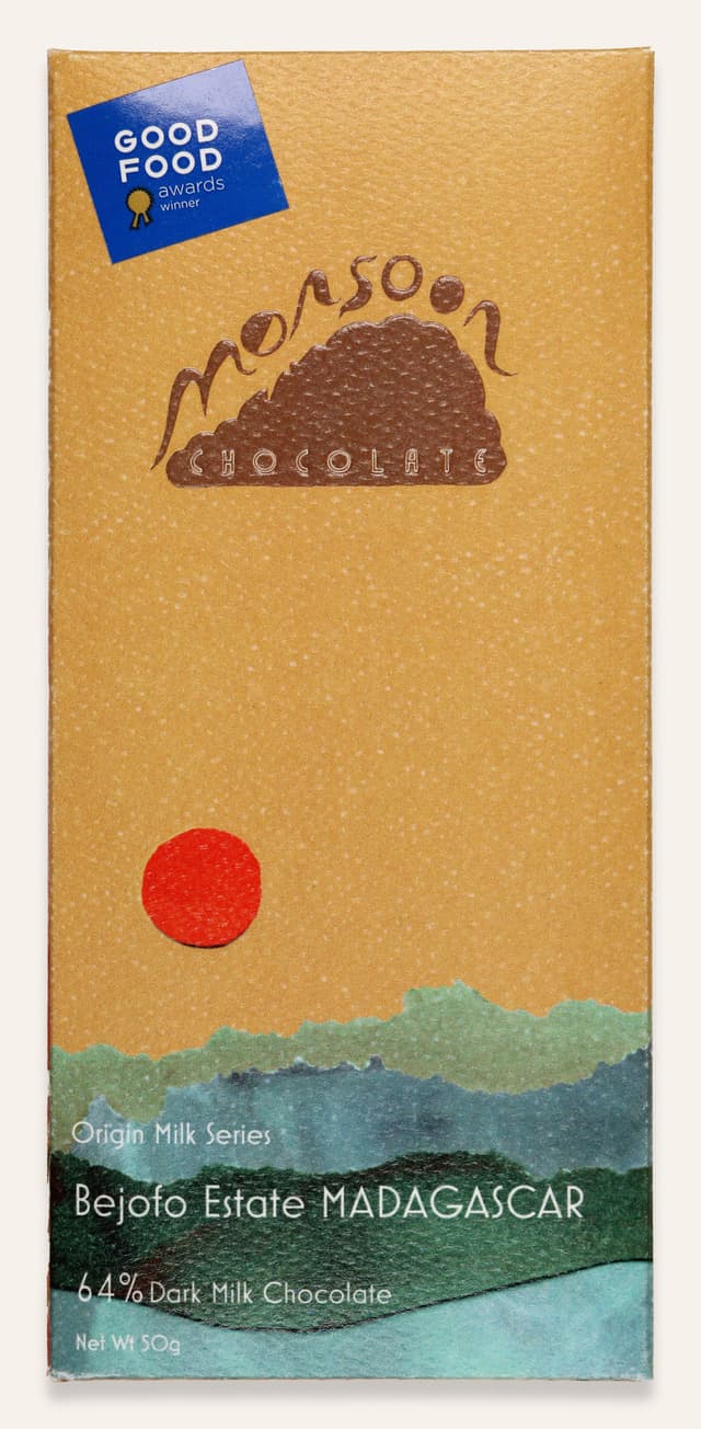Front of Bejofo Estate MADAGASCAR 64% Dark Milk Chocolate bar made by Monsoon Chocolate in the United States package