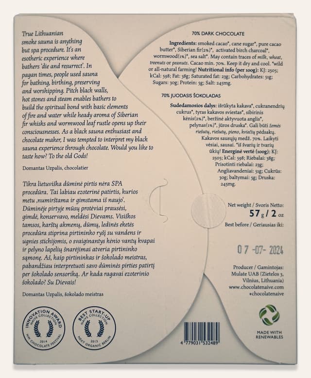 Back of Black Sauna Smoked Chocolate bar made by Chocolate Naive package