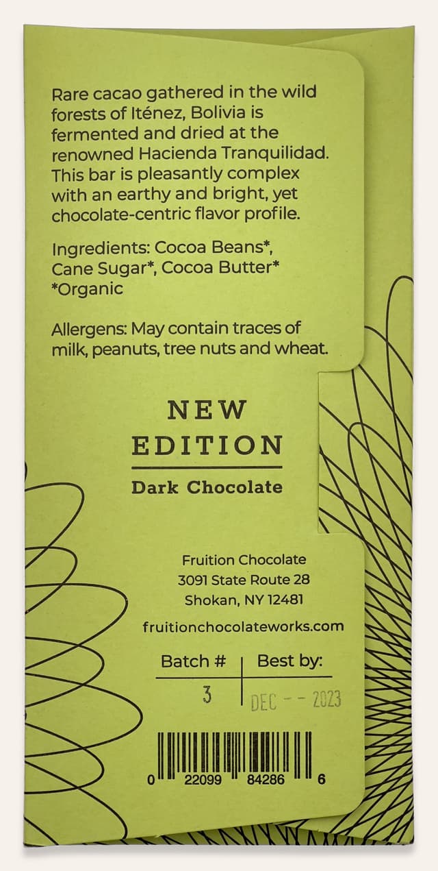 Back of Bolivia Wild Forest Dark 74% bar made by Fruition Chocolate Works in the United States package