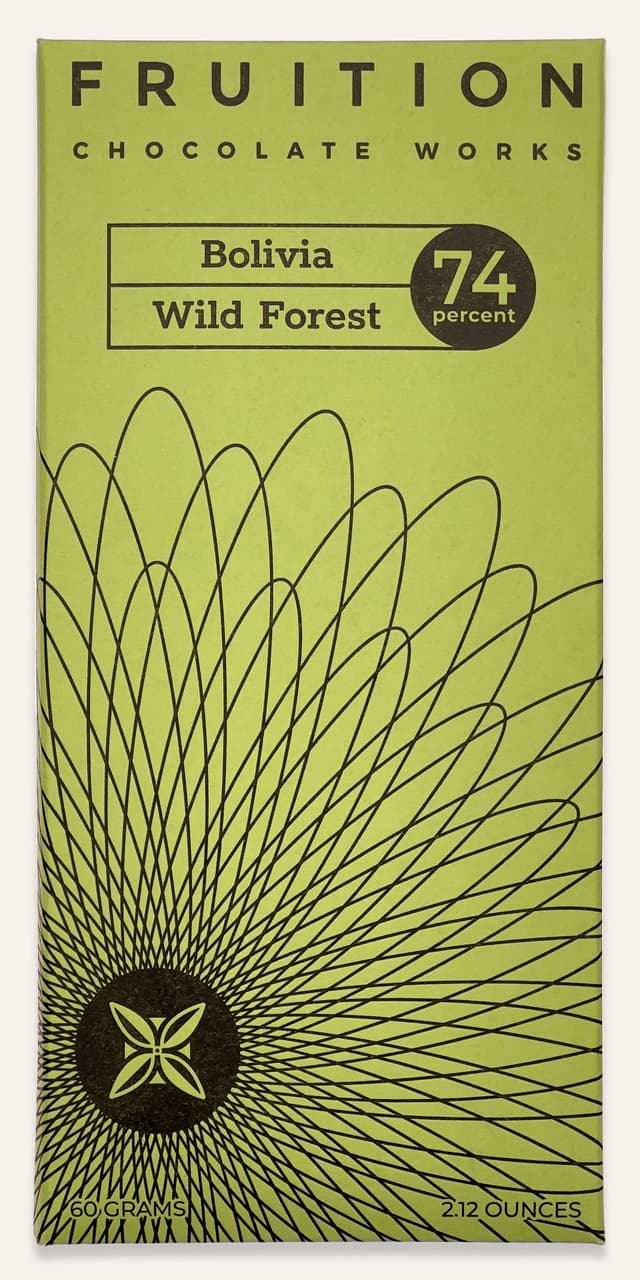 Front of Bolivia Wild Forest Dark 74% bar made by Fruition Chocolate Works in the United States package