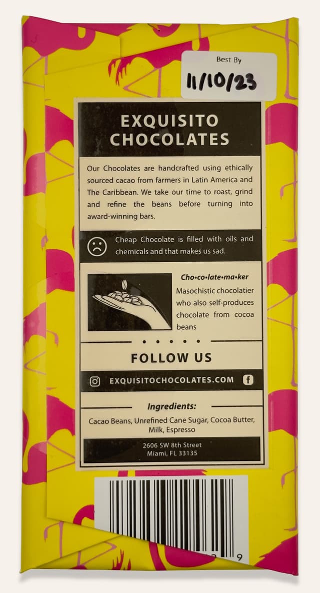 Back of Cafe Con Leche Milk Chocolate & Per'La Coffee bar made by Exquisito Chocolates package