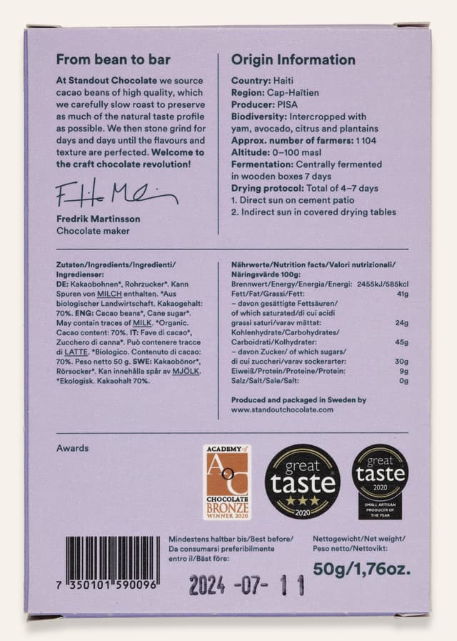 Back of Cap-Haïtien Haiti 70% bar made by Standout Chocolate in Sweden package