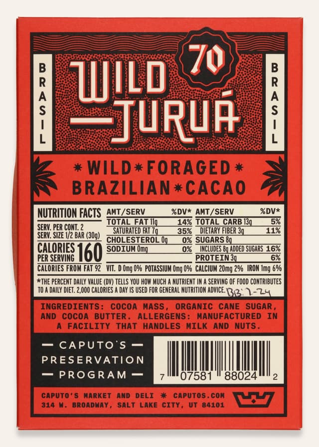Back of Caputo's Wild Jurua 70% bar by Luisa Abram made with Caputo's Market & Deli in Brazil package