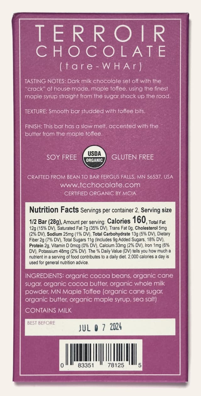 Back of Caramel Crack Organic 50% dark milk chocolate bar from Terroir Chocolate package