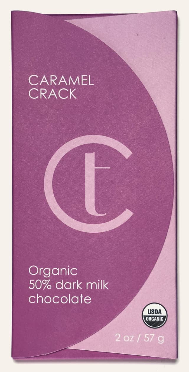 Front of Caramel Crack Organic 50% dark milk chocolate bar from Terroir Chocolate package