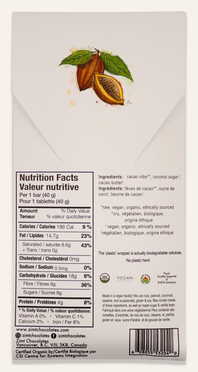 Back of Chocolate Nib'd bar made by Zimt Chocolates package