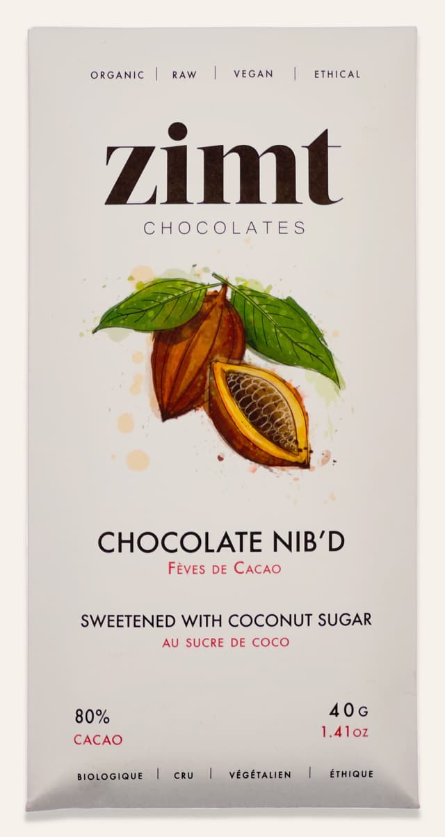 Front of Chocolate Nib'd bar made by Zimt Chocolates package