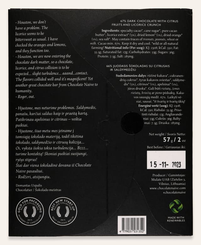 Back of Citrus Licorice Crunch bar made by Chocolate Naive in Lithuania package