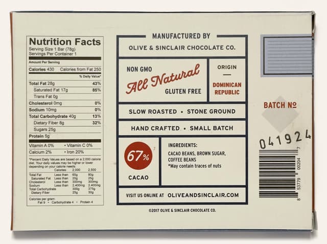 Back of Coffee Crunch bar from Olive & Sinclair Chocolate Co package
