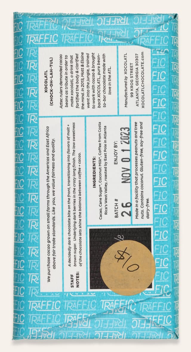 Back of Commuter East Pole Coffee with Coconut Milk bar made by Xocolatl in the United States package