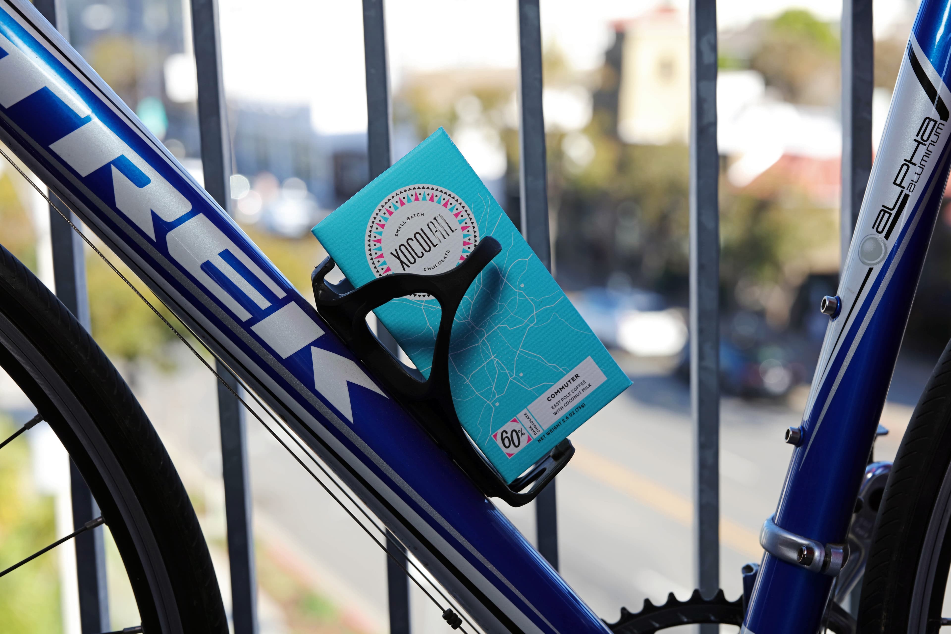 Commuter East Pole Coffee with Coconut Milk bar made by Xocolatl in the United States on a bike