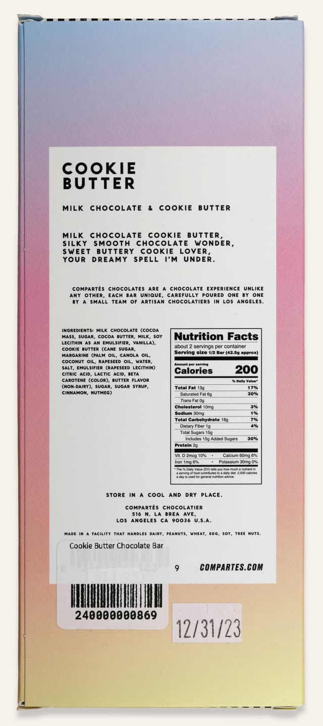 Back of Cookie Butter Milk Chocolate Cookie Butter bar made by Compartés in the United States package