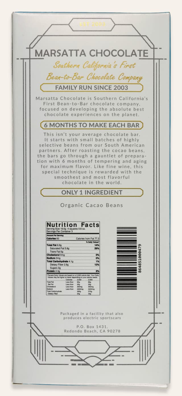 Back of Crystal Label 100% Bean-To-Bar bar made by Marsatta Chocolate in the United States package