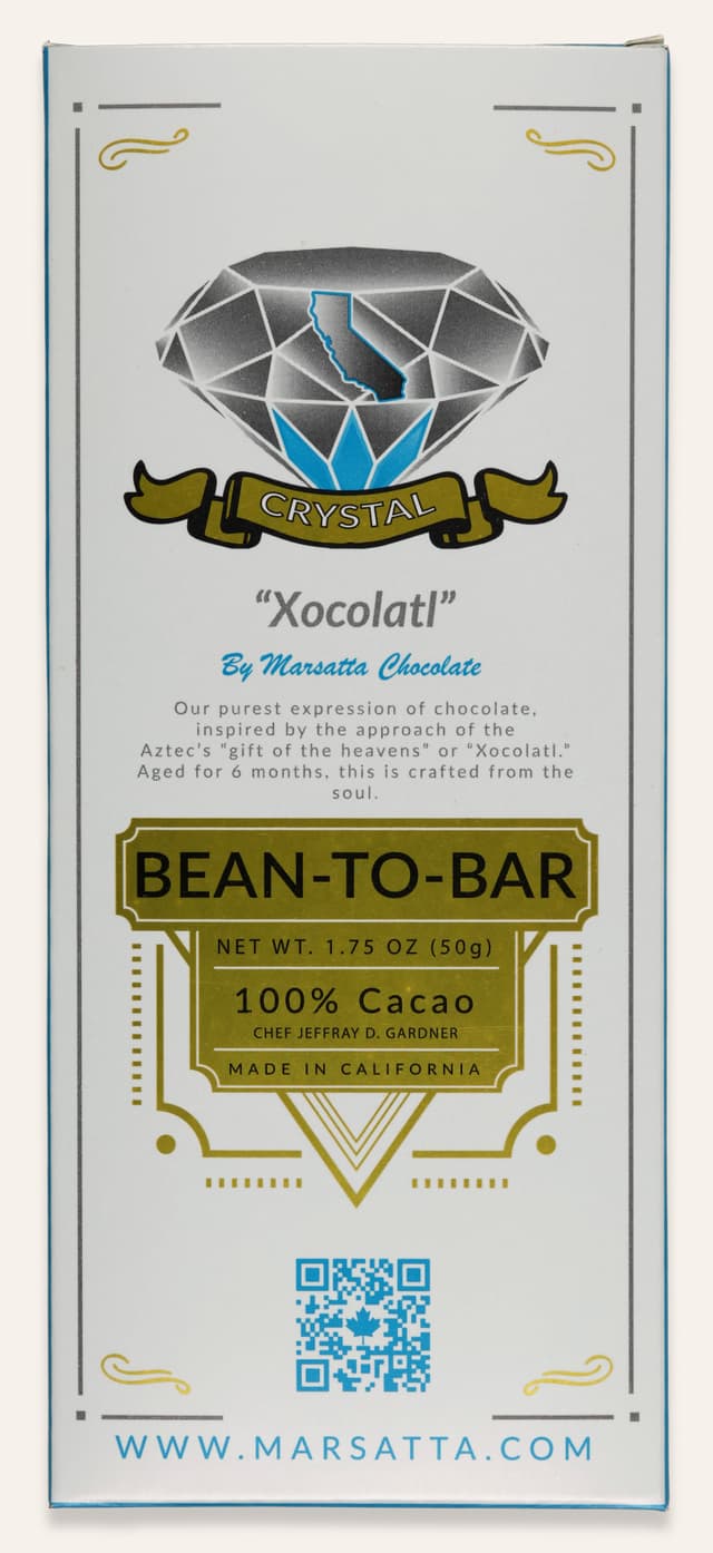 Front of Crystal Label 100% Bean-To-Bar bar made by Marsatta Chocolate in the United States package