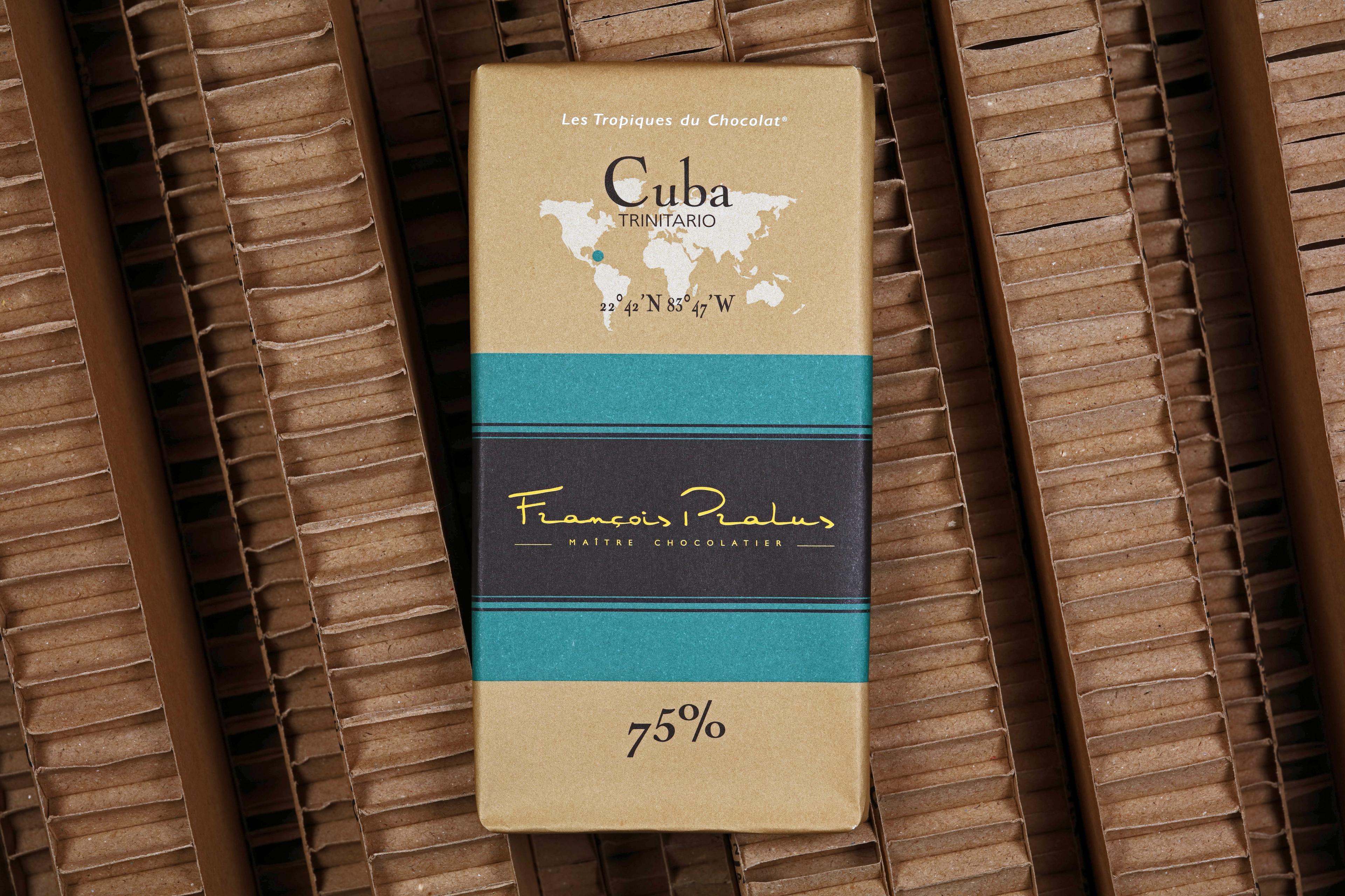 Cuba 75% bar made by François Pralus in France on a vertical cardboard background