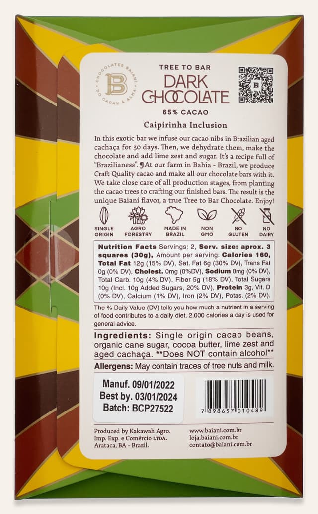 Back of Dark Chocolate with Caipirinha bar made by Baianí Chocolates in Brazil package