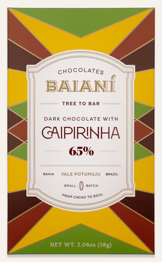Front of Dark Chocolate with Caipirinha bar made by Baianí Chocolates in Brazil package
