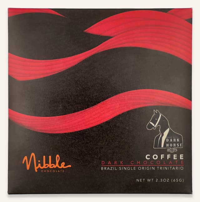 Front of Dark Horse Coffee Dark Chocolate bar made by Nibble Chocolate in the United States package
