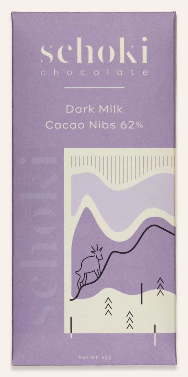 Front of Dark Milk Cacao Nibs 62% bar made by Schoki Chocolate in Canada package