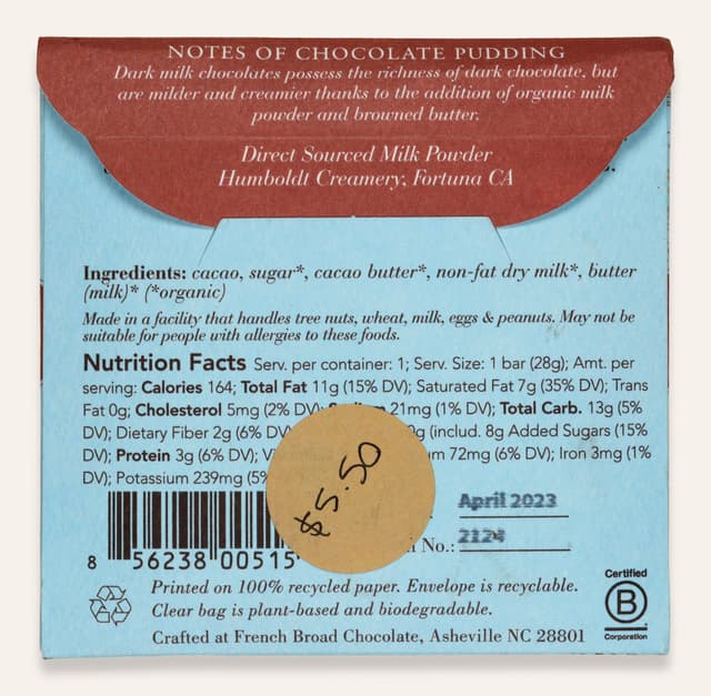 Back of Dark Milk bar made by French Broad Chocolate in the United States package