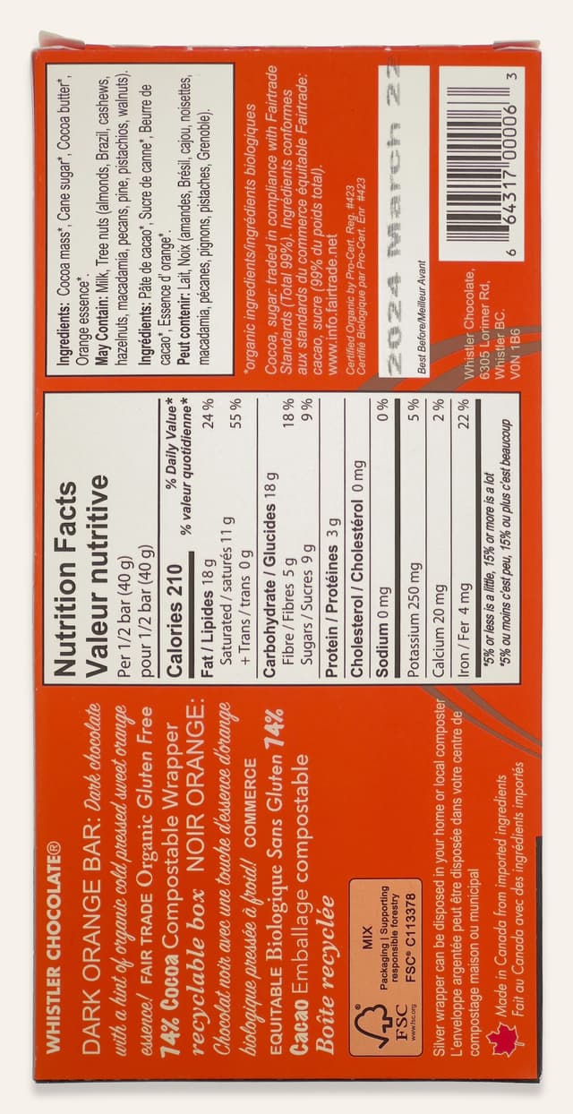 Back of Dark Orange bar made by Whistler Chocolate in Canada package