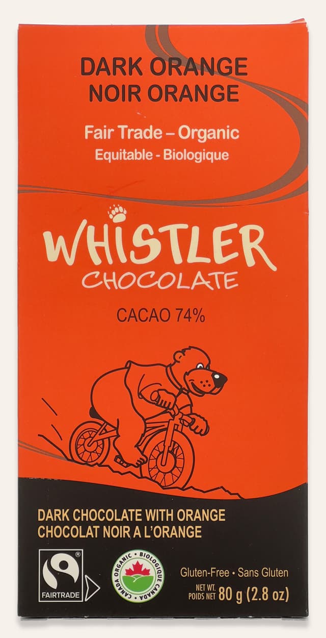 Front of Dark Orange bar made by Whistler Chocolate in Canada package