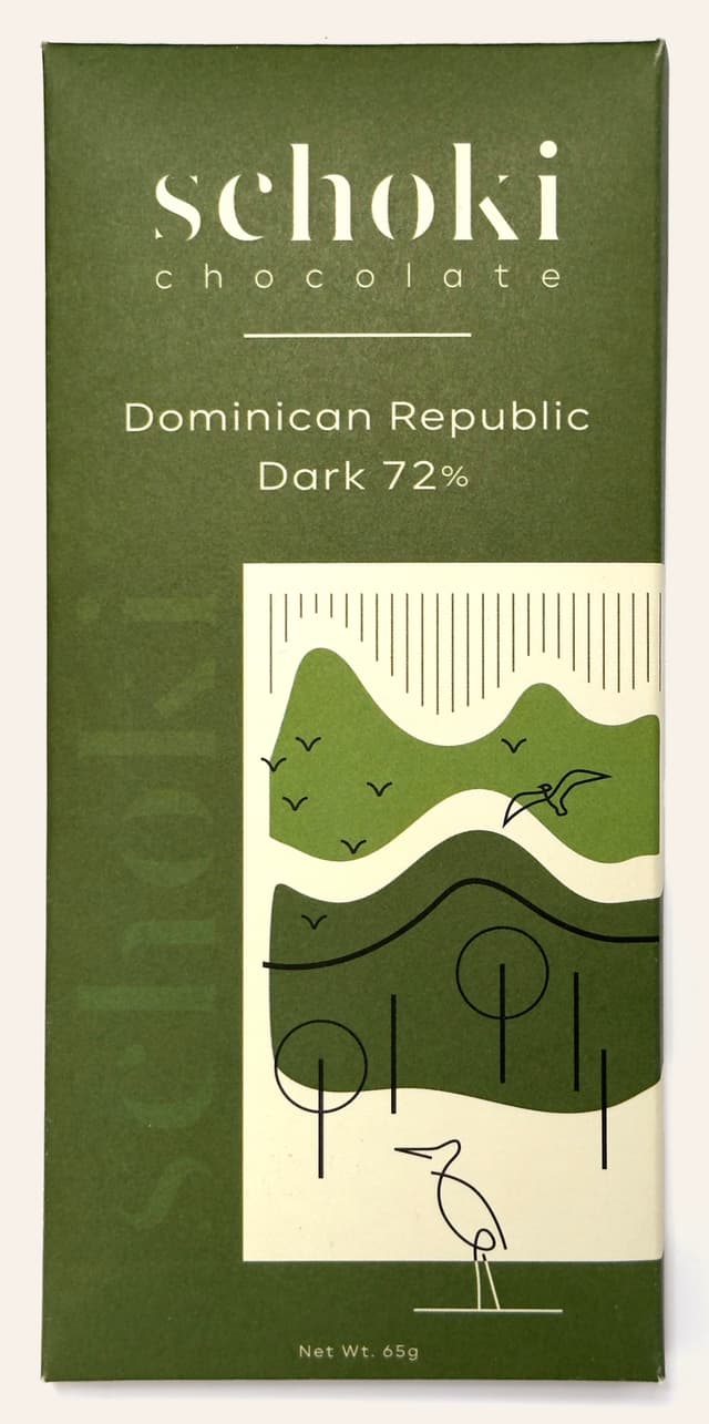 Front of Dominican Republic Dark 72% bar from Schoki Chocolate package