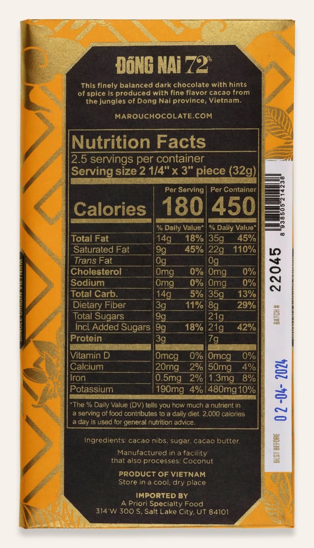 Back of Dong Nai 72% Single Origin Dark Chocolate bar made by Marou in Vietnam package