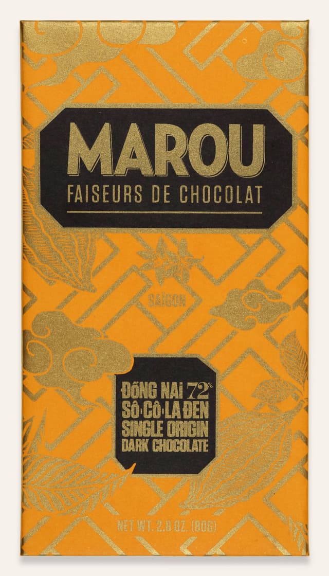 Front of Dong Nai 72% Single Origin Dark Chocolate bar made by Marou in Vietnam package