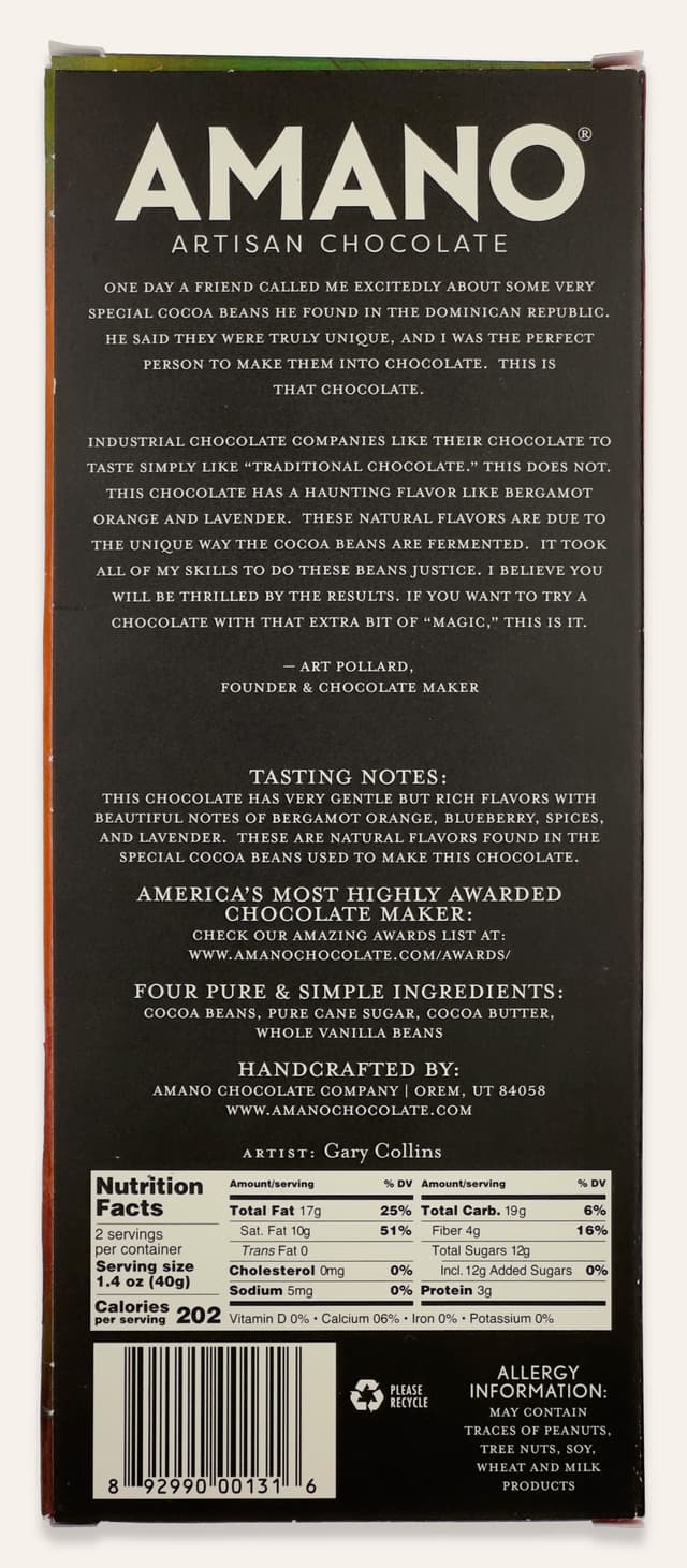 Back of Dos Rios Dominican Republic bar made by Amano Artisan Chocolate in the United States package